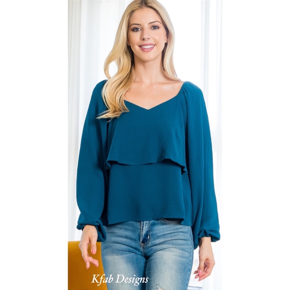 ❤️LAST 1! TEAL SWEATHEART NECKLINE TIERED RUFFLE PUFF SLEEVE TOP! - Picture 2 of 8